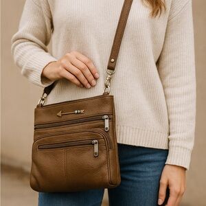 Brown Handmade Crossbody Bag Multi Zip Pockets Adjustable Strap Everyday Purse